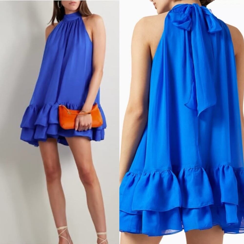 Alice and Olivia Erna Tiered Mock Neck Halter Cape Tie Back Chiffon Mini Dress S